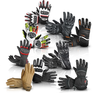 Verschiedene Motorrad-Handschuhe in sportlichen und klassischen Designs mit Protektoren und Verstärkungen.